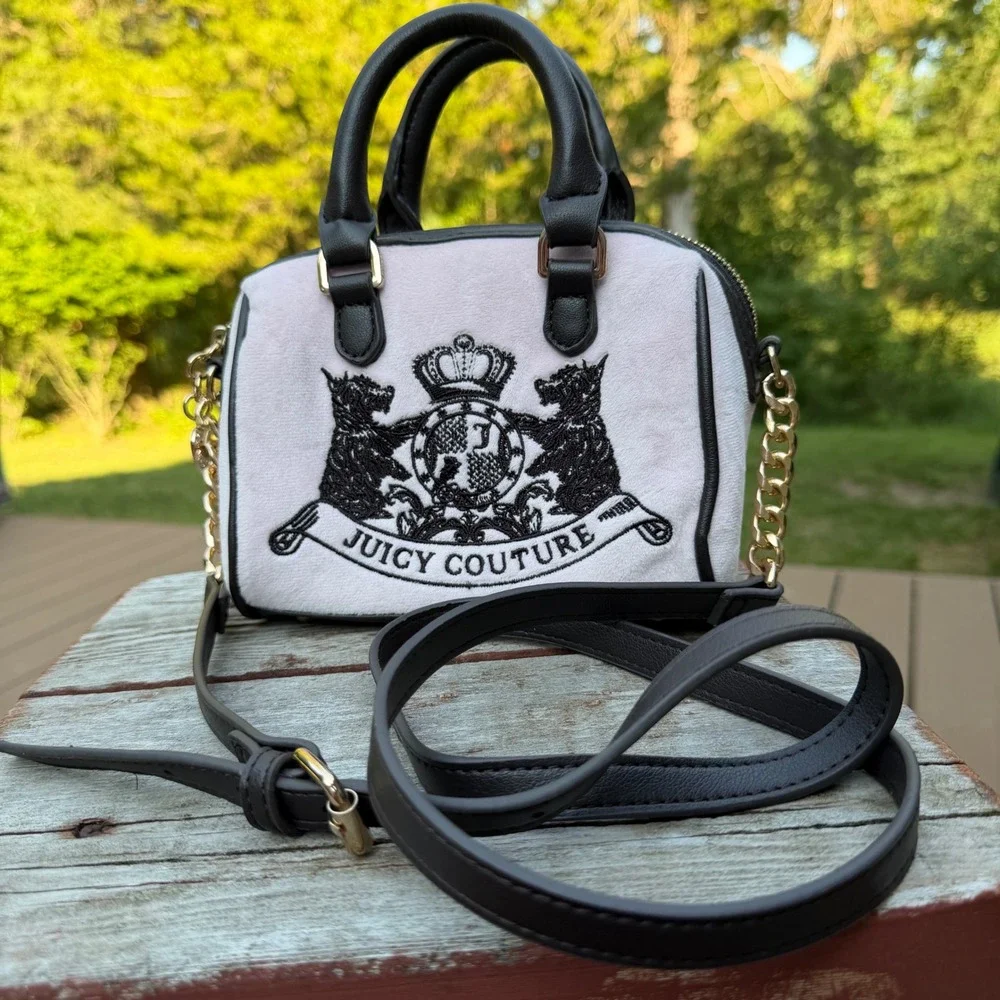 Juicy Couture Velour Barrel Bag Y2K McBling Satchel Small Pink Logo Chain